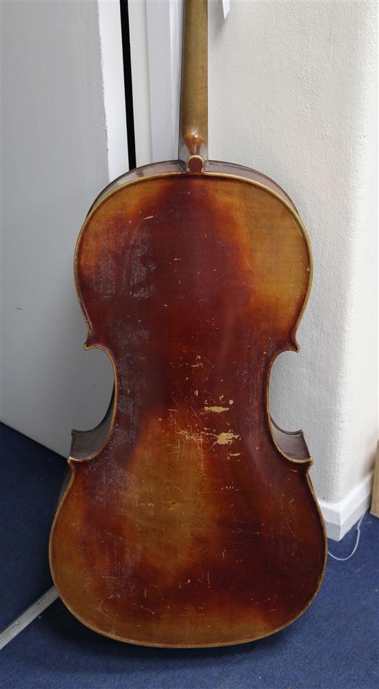 An early 20th century cello, probably French, body 29.5in., length overall 49in.